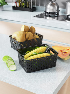 WYT translucent polypropylene wicker feel blends with decor while organizing items.