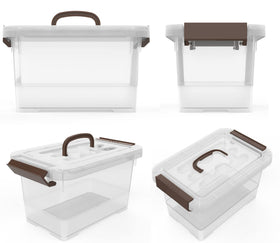 WYT semi-clear plastic bin ideal for quick content checks in a busy cabinet.