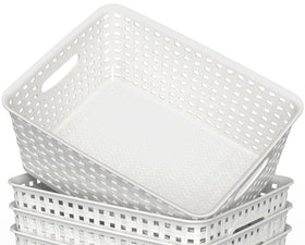 WYT stackable plastic baskets save space and simplify decluttering.