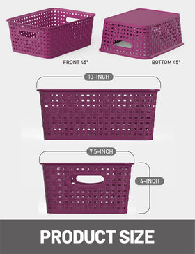 WYT stackable plastic weave storage baskets, ideal for space-saving pantry storage.