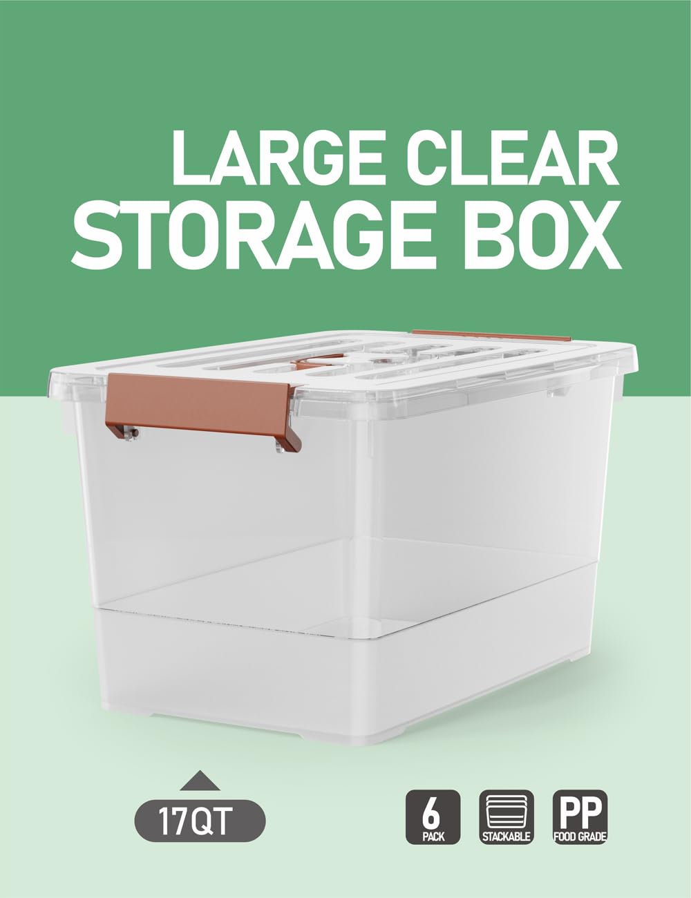 WYT stackable storage bin with handle and latches for easy organization.