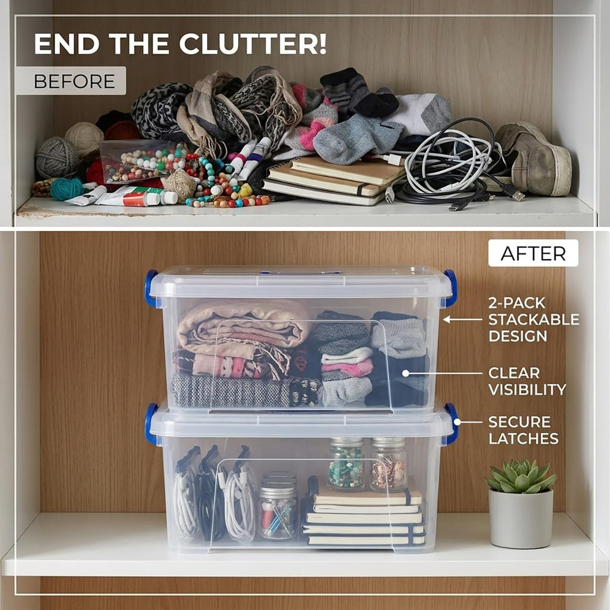 WYT stackable storage bin with lid and blue handle ideal for closet organization