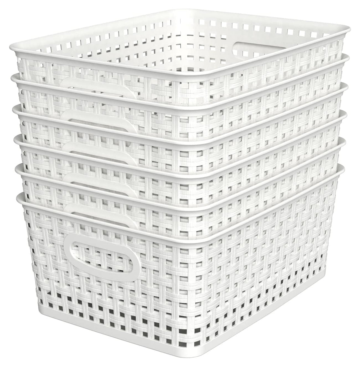 WYT white woven plastic storage baskets neatly organized for home use