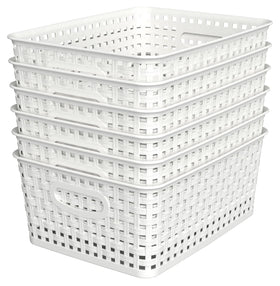 WYT white woven plastic storage baskets neatly organized for home use