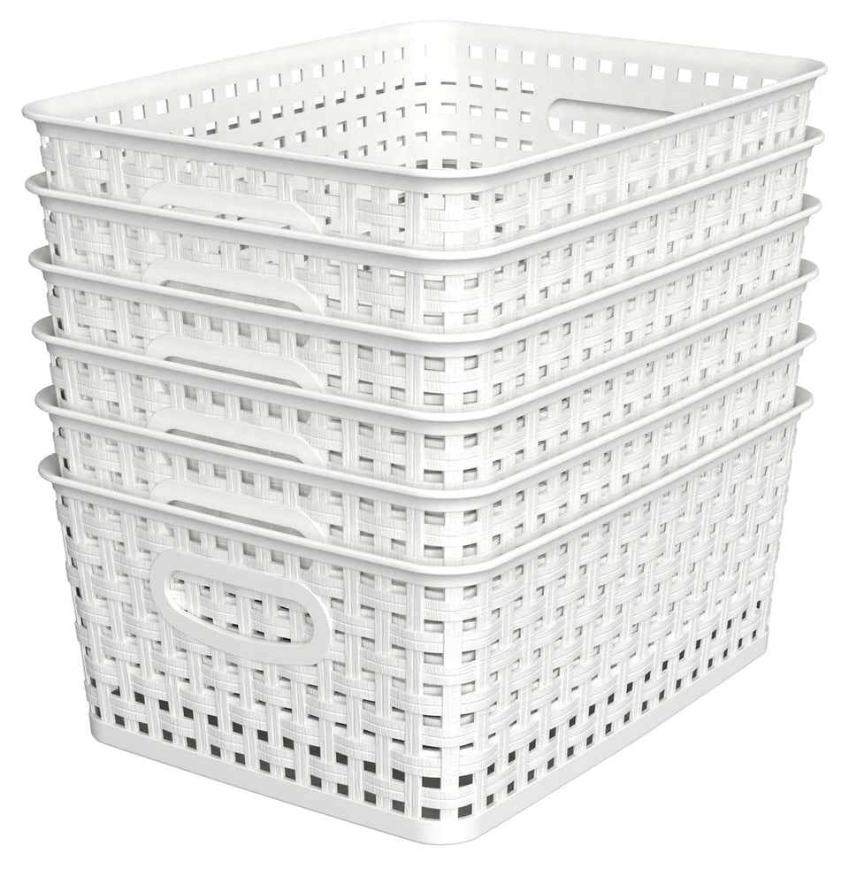 WYT white woven plastic storage baskets neatly organized for home use