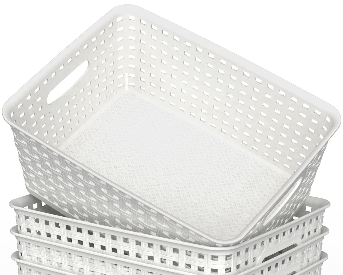 WYT white woven baskets in kitchen for pantry organization