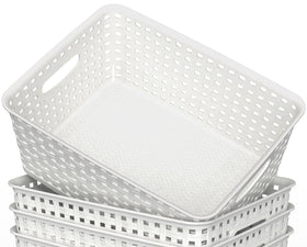 WYT white woven baskets in kitchen for pantry organization