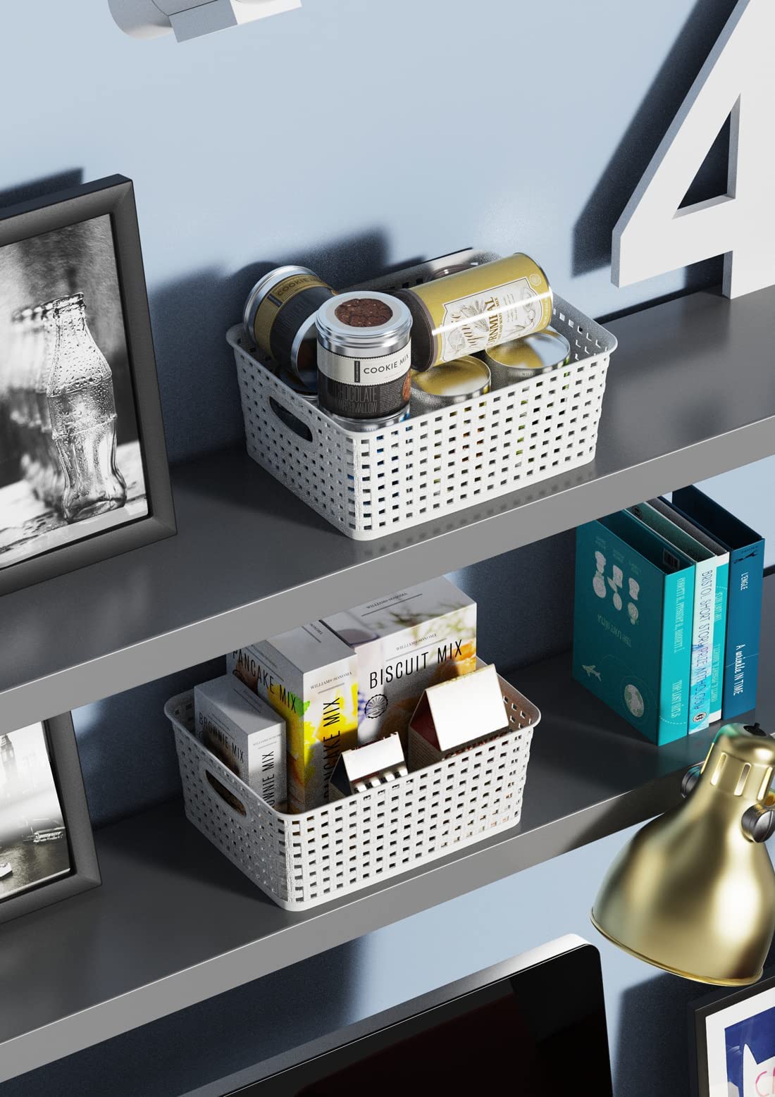 WYT white woven baskets on an office shelf for documents