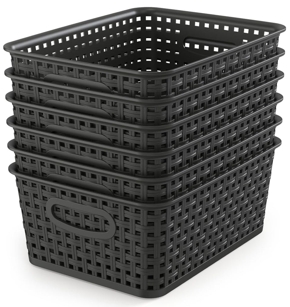 WYT woven storage basket six-pack in black, versatile for kitchen, bathroom, or closet organization.
