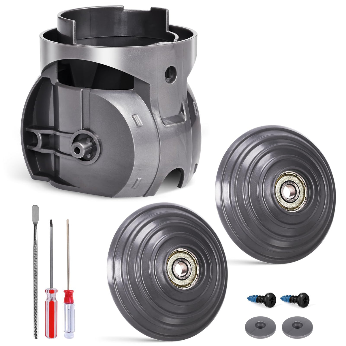 WyWY.Wide ball wheel assembly closeup showing durable construction for smoother cleaning.