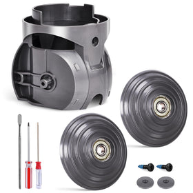 WyWY.Wide ball wheel assembly closeup showing durable construction for smoother cleaning.