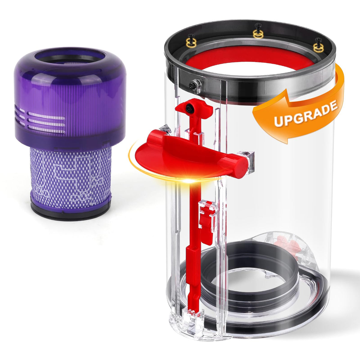 WYWY.Wide Dyson canister with ergonomic release handle for easier emptying