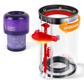 WYWY.Wide Dyson canister with ergonomic release handle for easier emptying