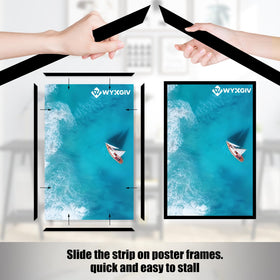 Wyxgiv 16x24 frame with poster inserted shown, easy slide-in strips for quick updates.