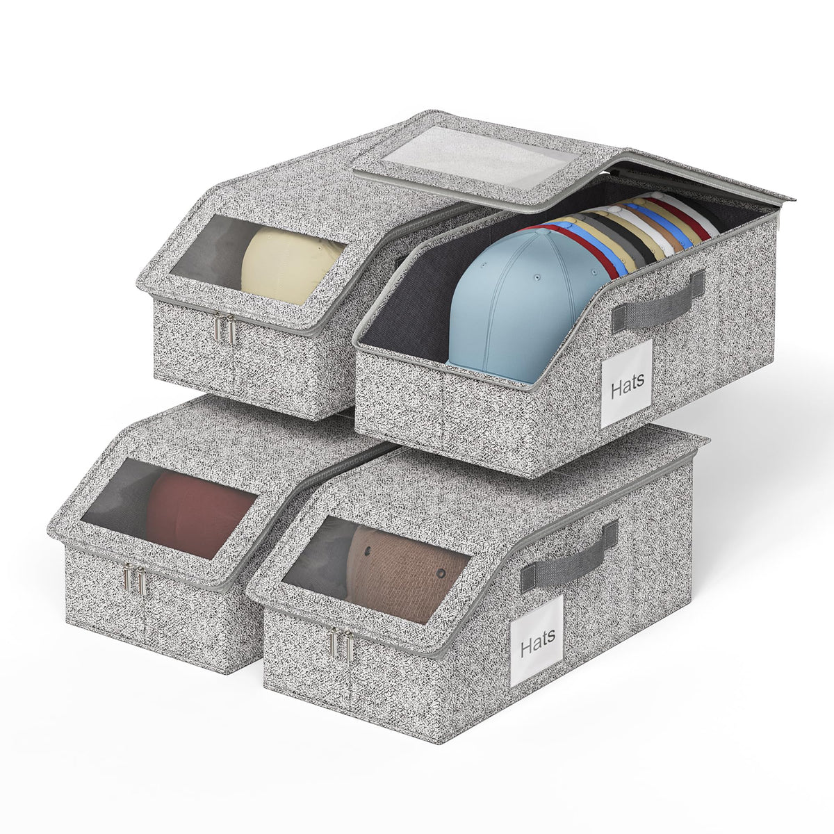 WYZJC hat organizer 4pc stackable boxes with clear window for easy cap visibility.