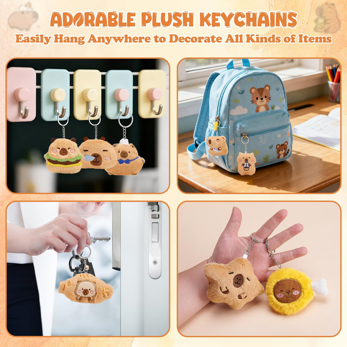 Wyzoid capybara plush keychain held in hand showing portable size.