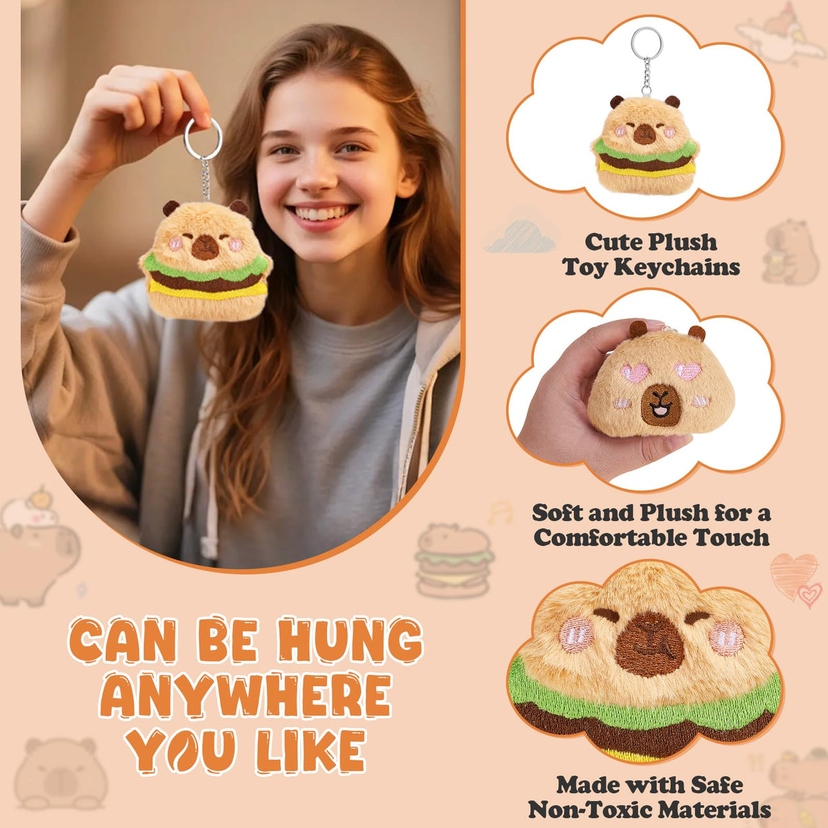 Wyzoid capybara plush keychain displayed on a kid's backpack decor.