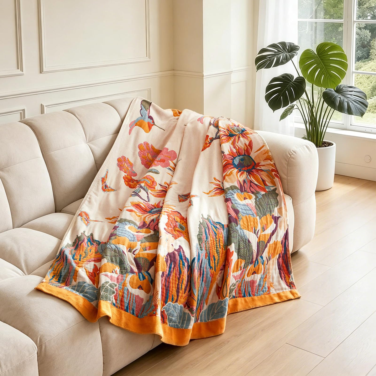 Easy care by machine washing keeps colors bright.