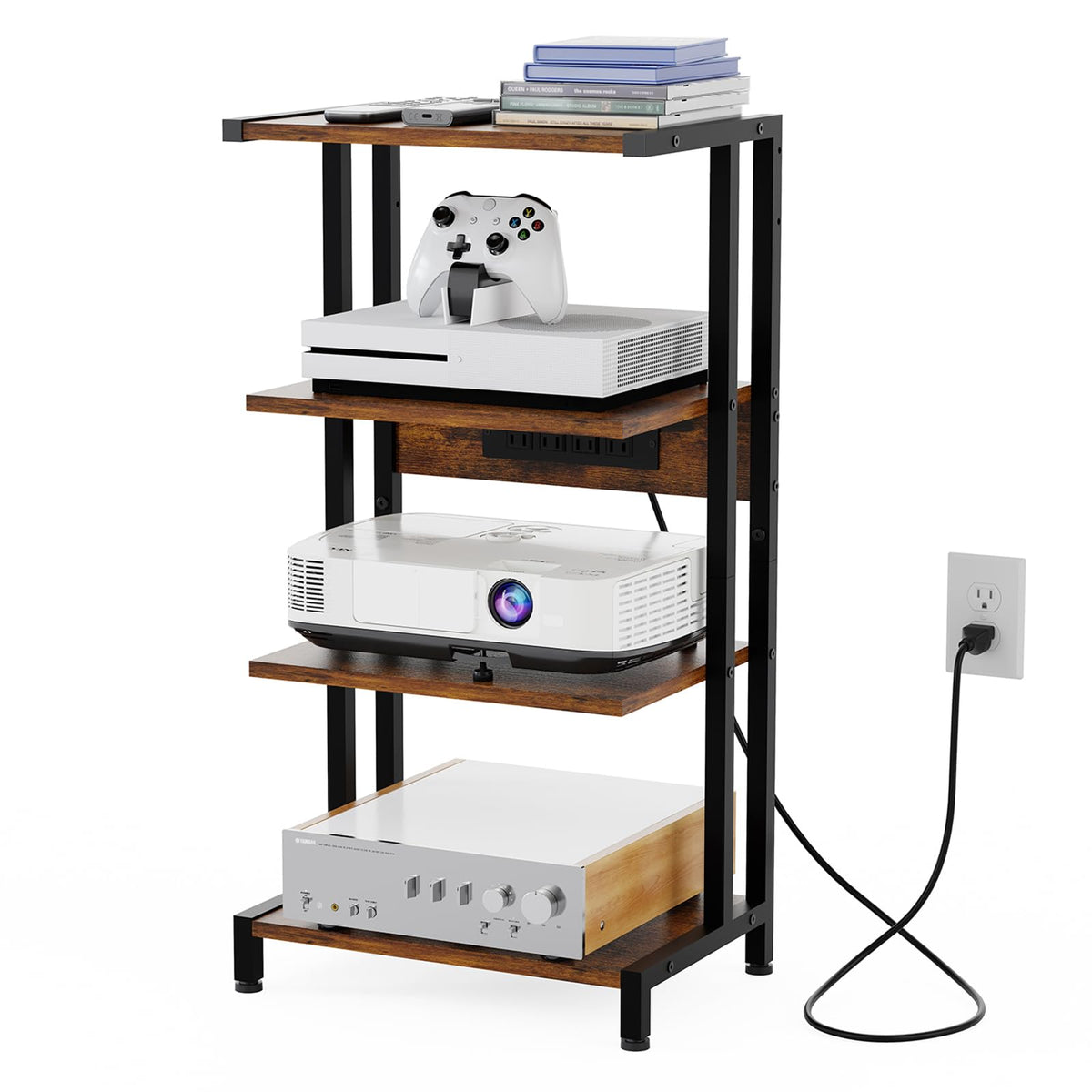 X-cosrack 16.5-inch shelf with outlet keeps PS5 cables organized.
