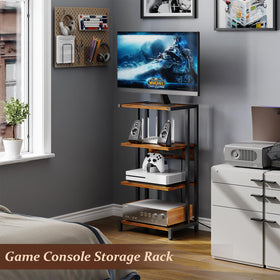X-cosrack 4-tier media stand stores AV gear in a tight footprint.