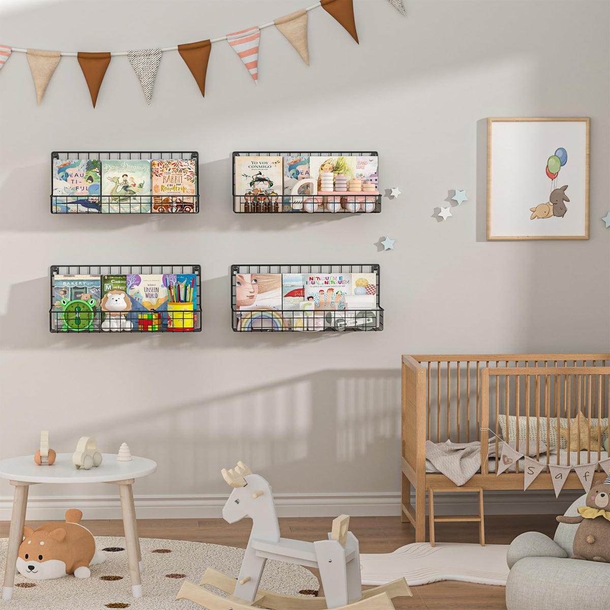 X-cosrack floating shelves in a bright kids room for organized storage.