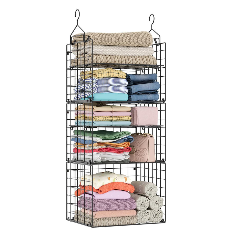 X-cosrack closet hanging organizer with 5-tier basket for organized wardrobe storage.