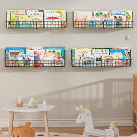 X-cosrack floating metal shelves in a children's room highlight space-saving design.