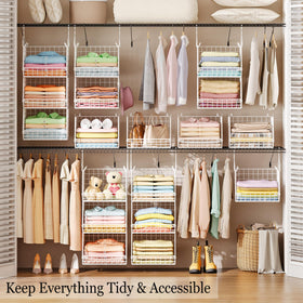 X-cosrack hanging basket assembly mounted on closet rod for versatile storage