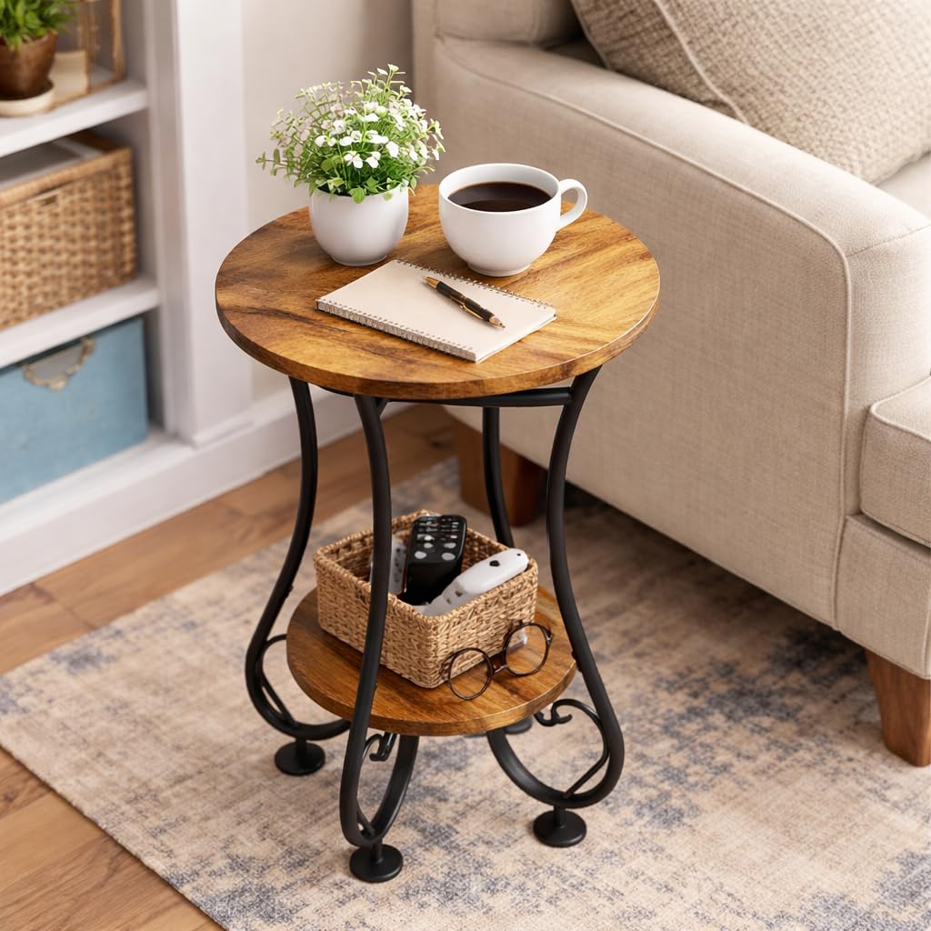X-cosrack round side table with wooden top and black frame enhances modern living spaces.