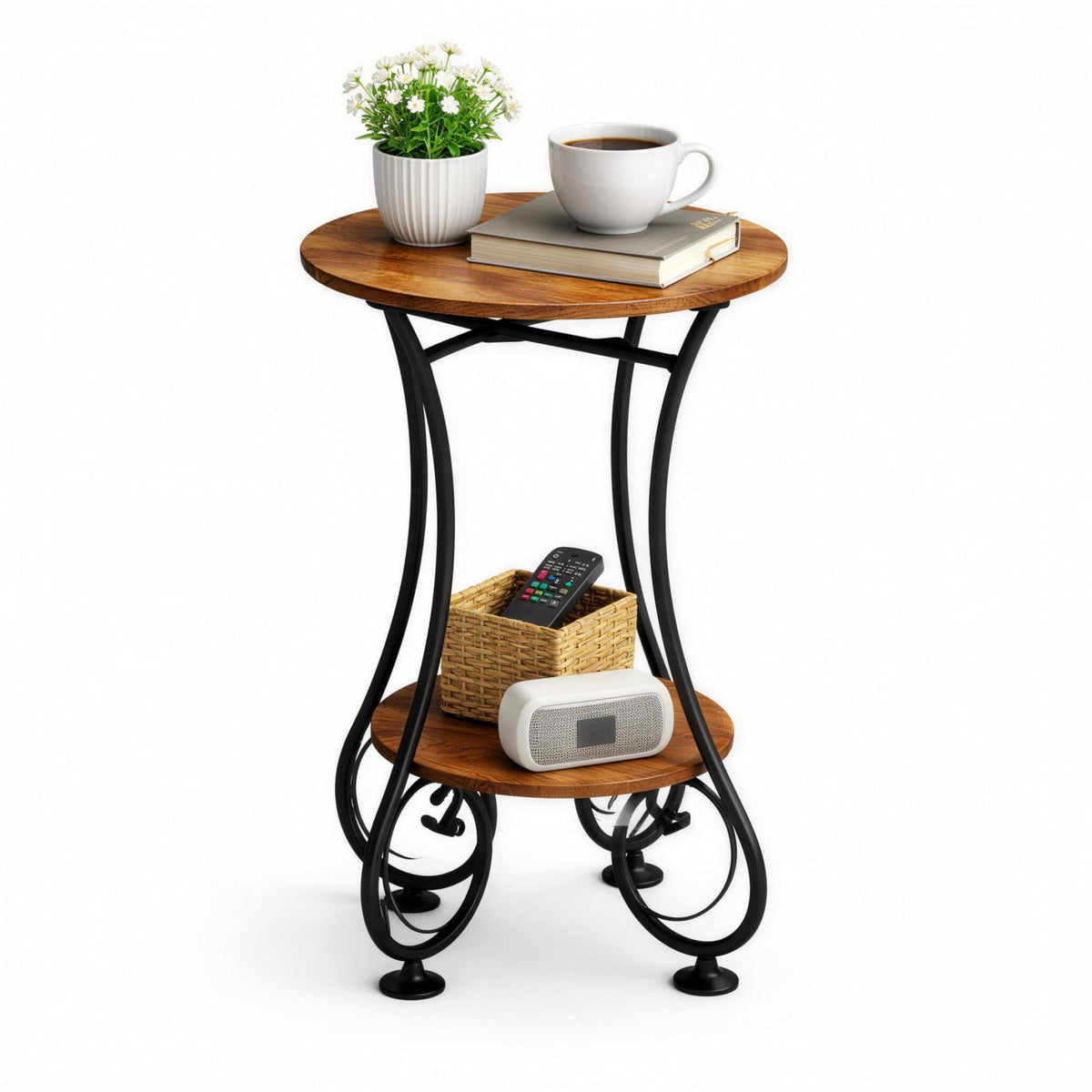 X-cosrack small round side table with lower shelf provides extra surface in compact rooms.