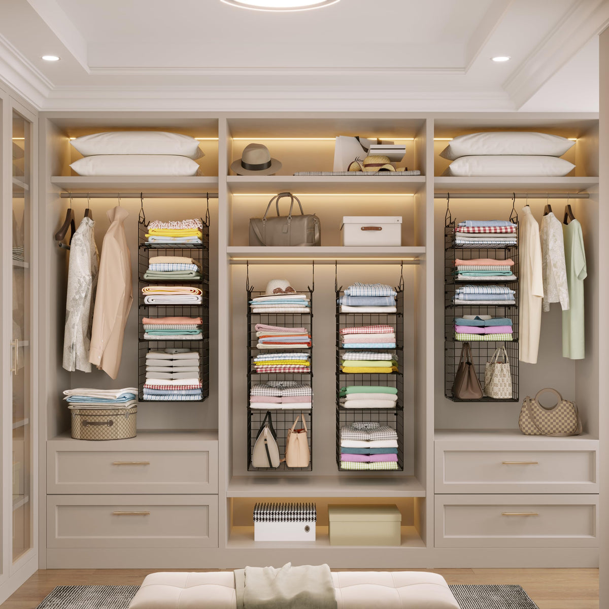 X-cosrack storage baskets keep sweaters and shoes organized in the closet