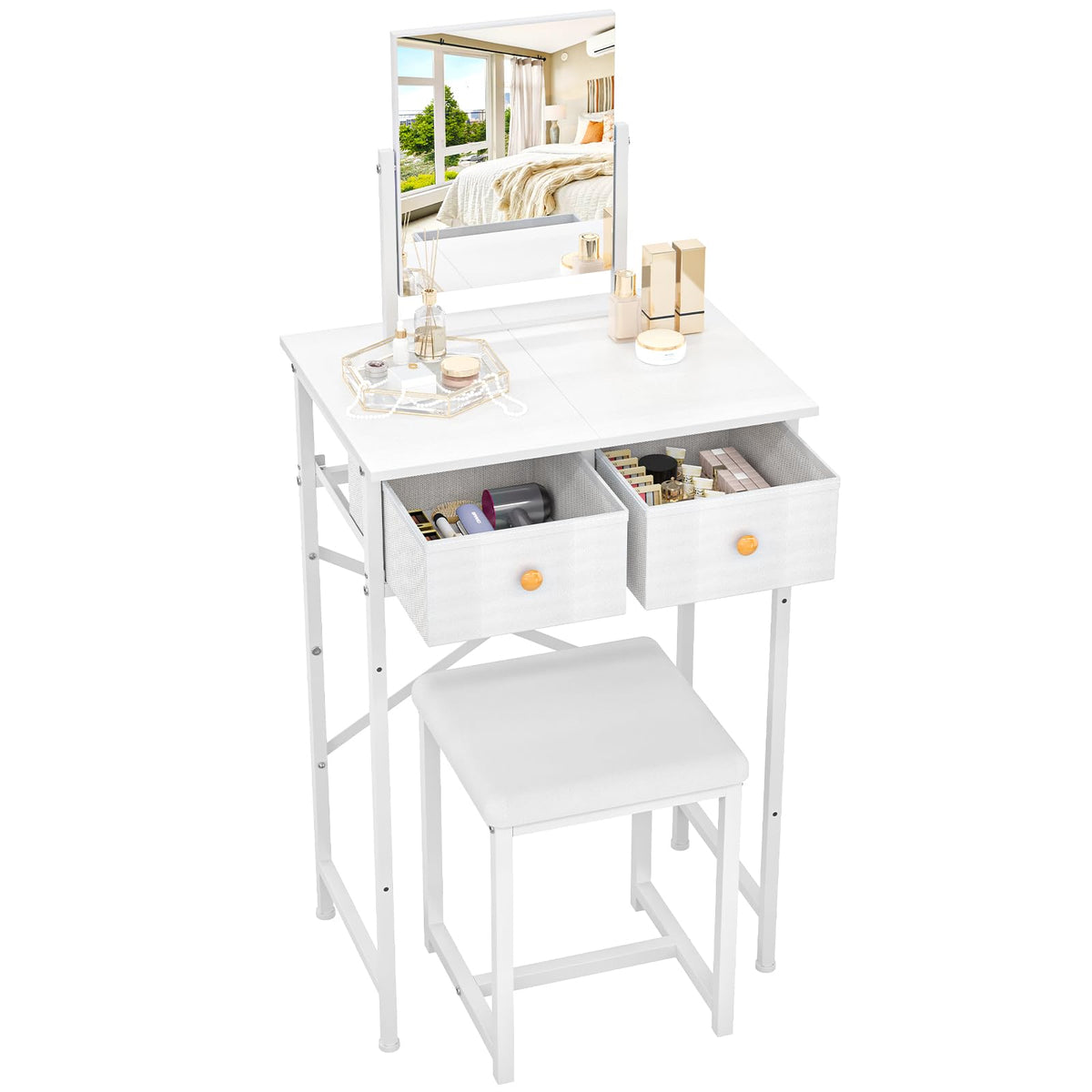 X-cosrack vanity desk with mirror and chair for compact bedroom organization.
