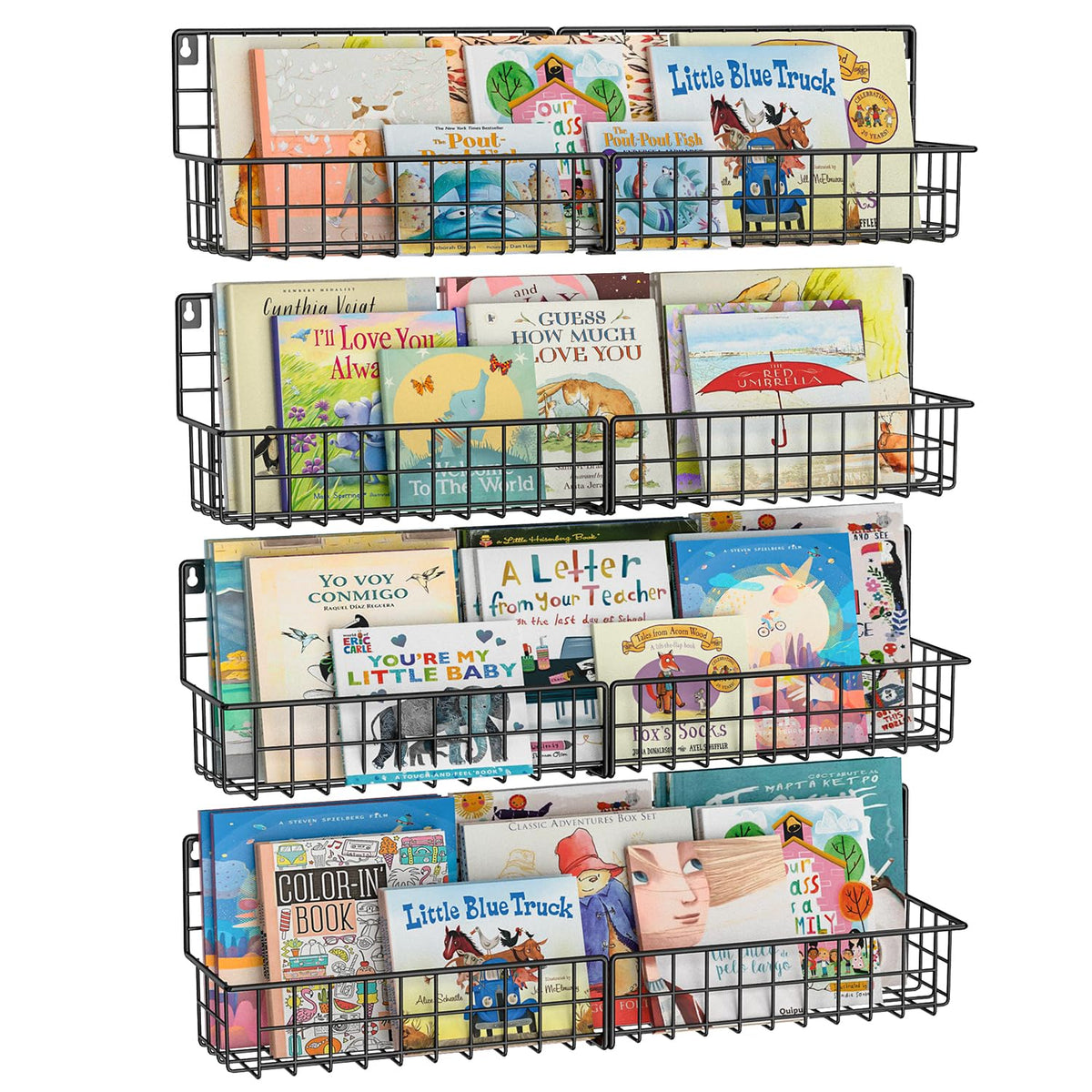 X-cosrack wall-mounted kids bookshelf set4 shows four black shelves for books and toys.