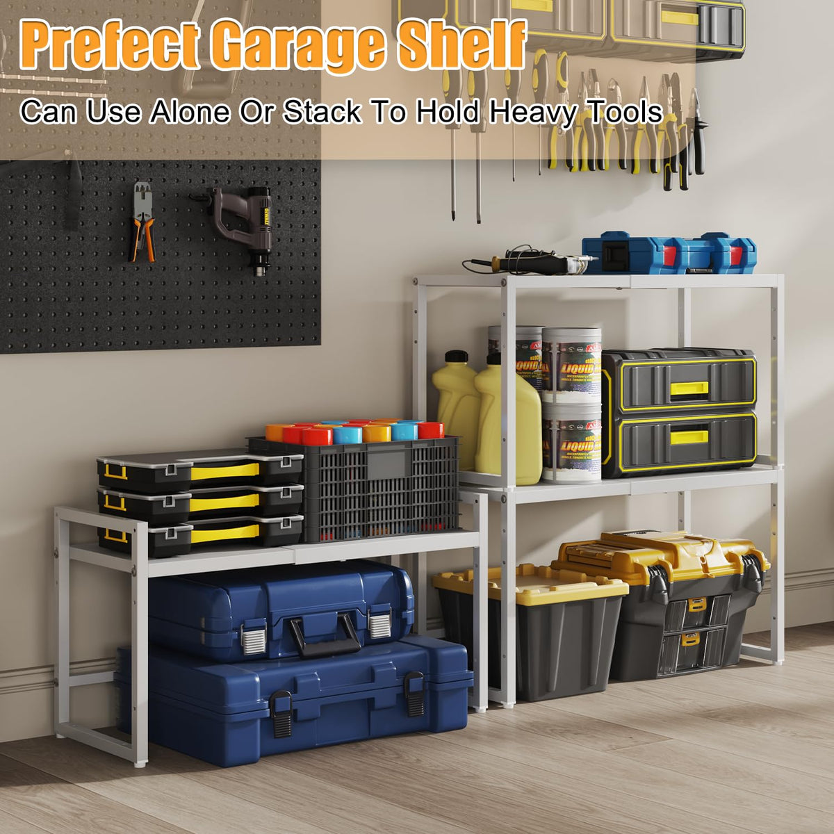 X-cosrack white finish shelf blends into kitchen and garage spaces