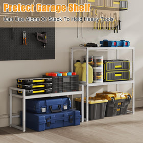 X-cosrack white finish shelf blends into kitchen and garage spaces