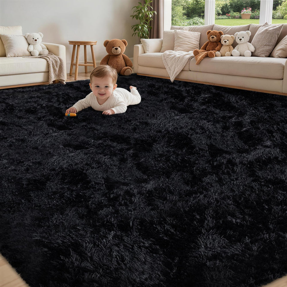 Xafir 6x9 black ultra-soft fluffy rug adds cloud-like comfort to living rooms.