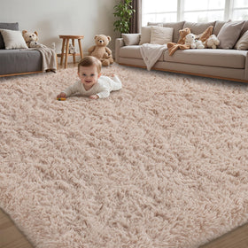Xafir 8x10 beige fluffy rug close-up highlights soft texture for cozy living rooms.