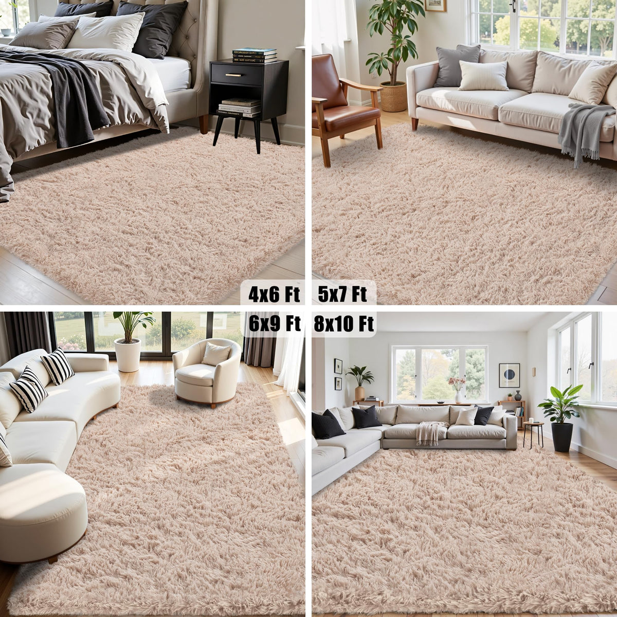 Xafir 8x10 beige fluffy rug demonstrates dense pile for lounging comfort.