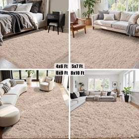 Xafir 8x10 beige fluffy rug demonstrates dense pile for lounging comfort.