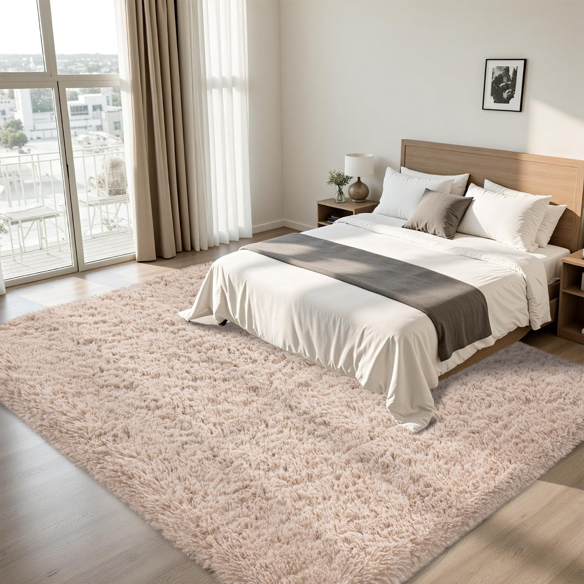 Xafir 8x10 beige fluffy rug in a living room setup for warm ambience.