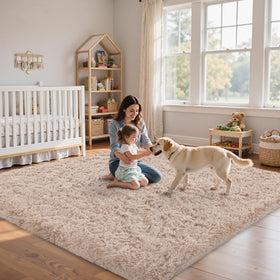 Xafir beige fluffy rug care-daily-cleaning suggests simple maintenance routine.