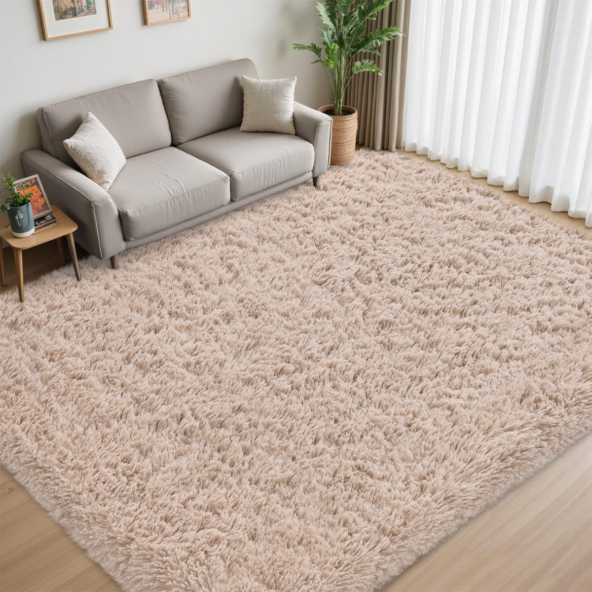 Xafir beige shag rug close-up shows memory foam pile for added underfoot cushioning.