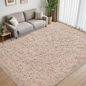 Xafir beige shag rug close-up shows memory foam pile for added underfoot cushioning.