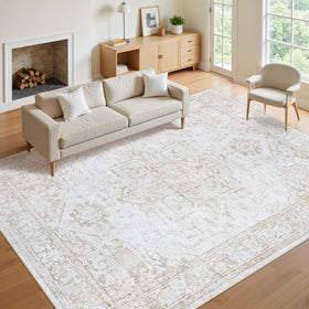 Xafir beige-washable-vintage-medallion-rug ideal for cozy living rooms
