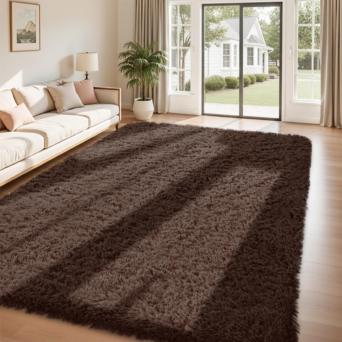 Xafir brown shag rug with non-slip bottom enhances safety in high-traffic areas