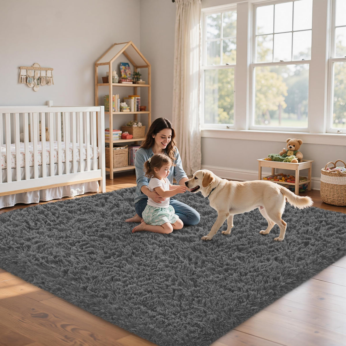 Xafir dark-grey rug helps conceal stains in high-traffic rooms.