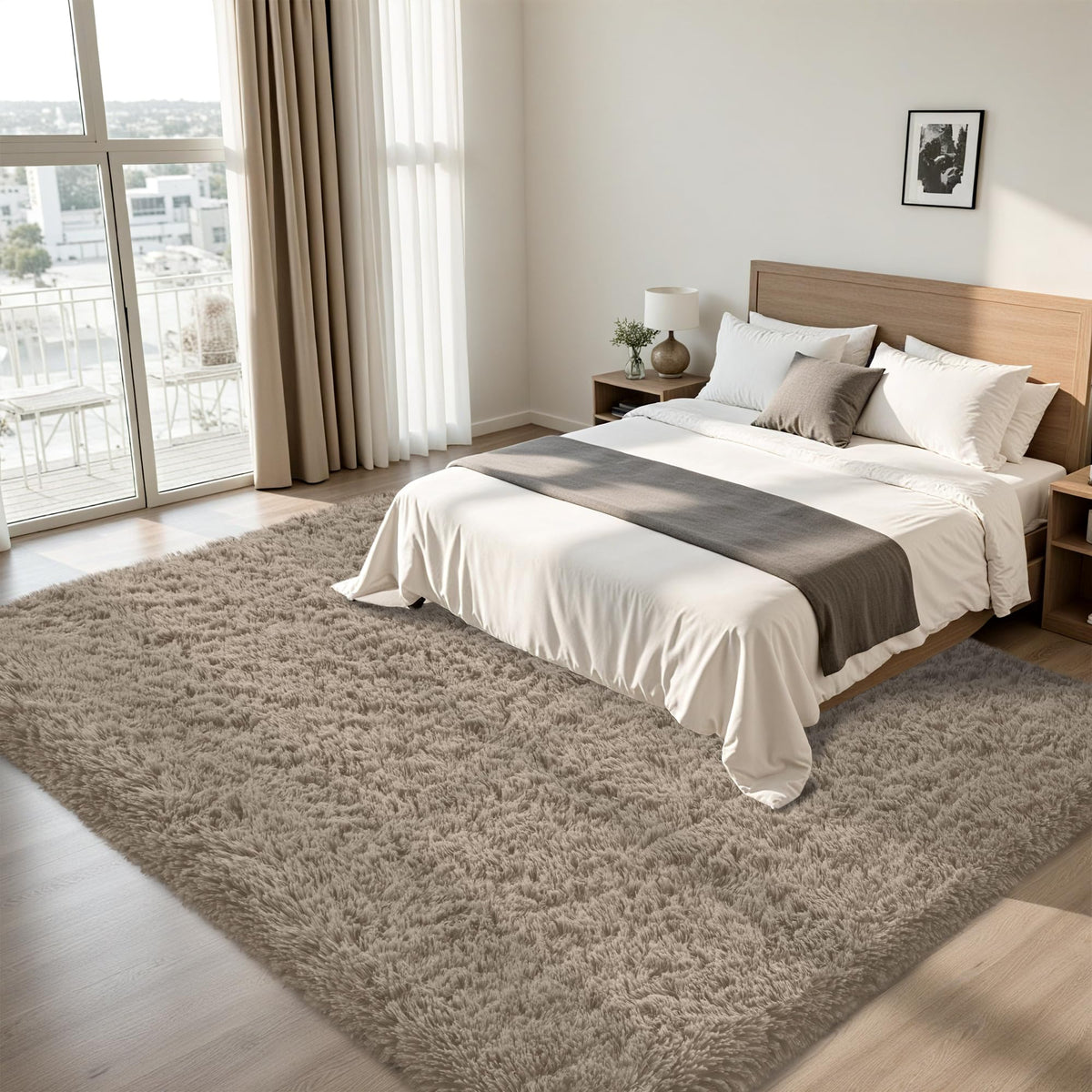 Xafir fluffy shag rug with memory foam backing adds plush support in bedrooms.