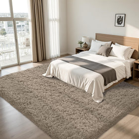 Xafir fluffy shag rug with memory foam backing adds plush support in bedrooms.