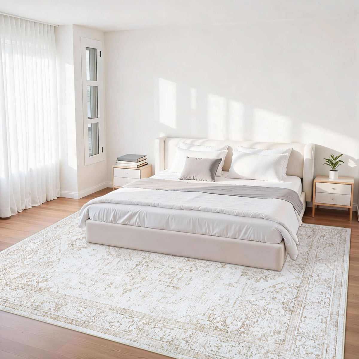 Xafir non-slip-backing beige rug keeps placement secure