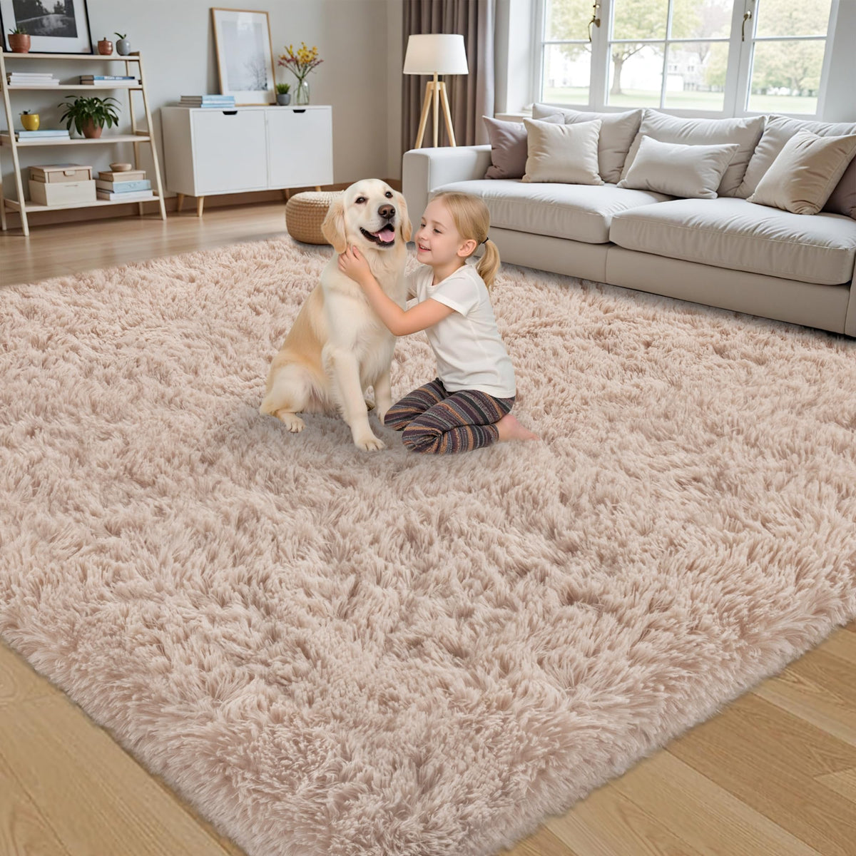 Xafir non-slip bottom beige fluffy rug supports safe placement on hard floors.